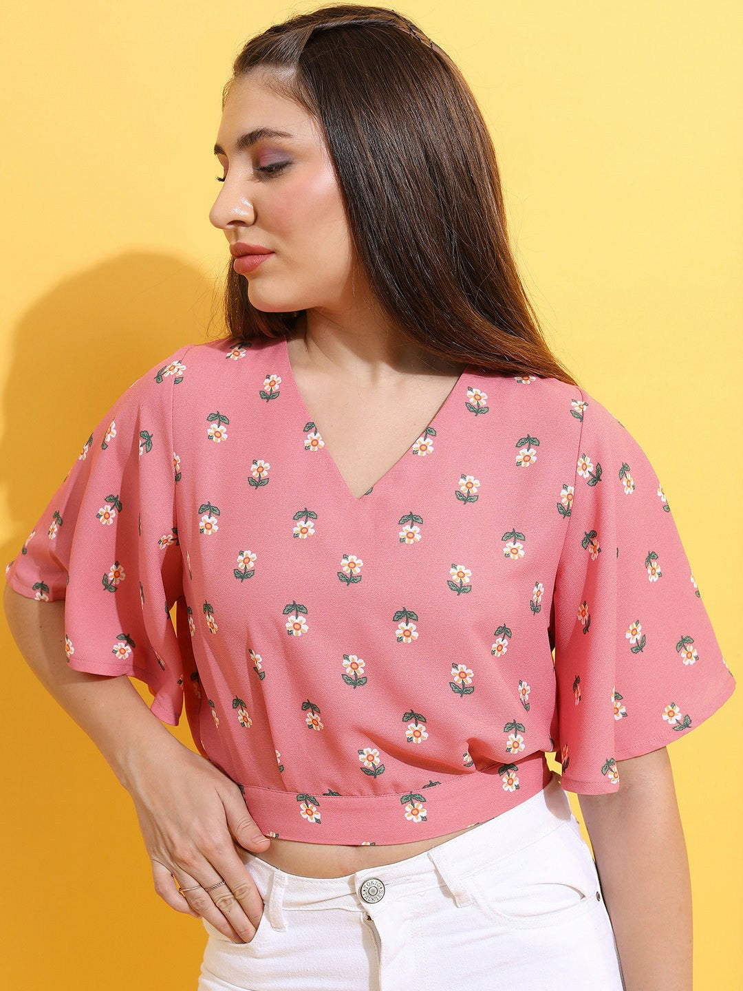 Pink Floral Printed Blouson Top for Women – V-Neck, Flared Sleeves, Stylish & Trendy | Indiaista