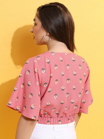 Pink Floral Printed Blouson Top for Women – V-Neck, Flared Sleeves, Stylish & Trendy | Indiaista