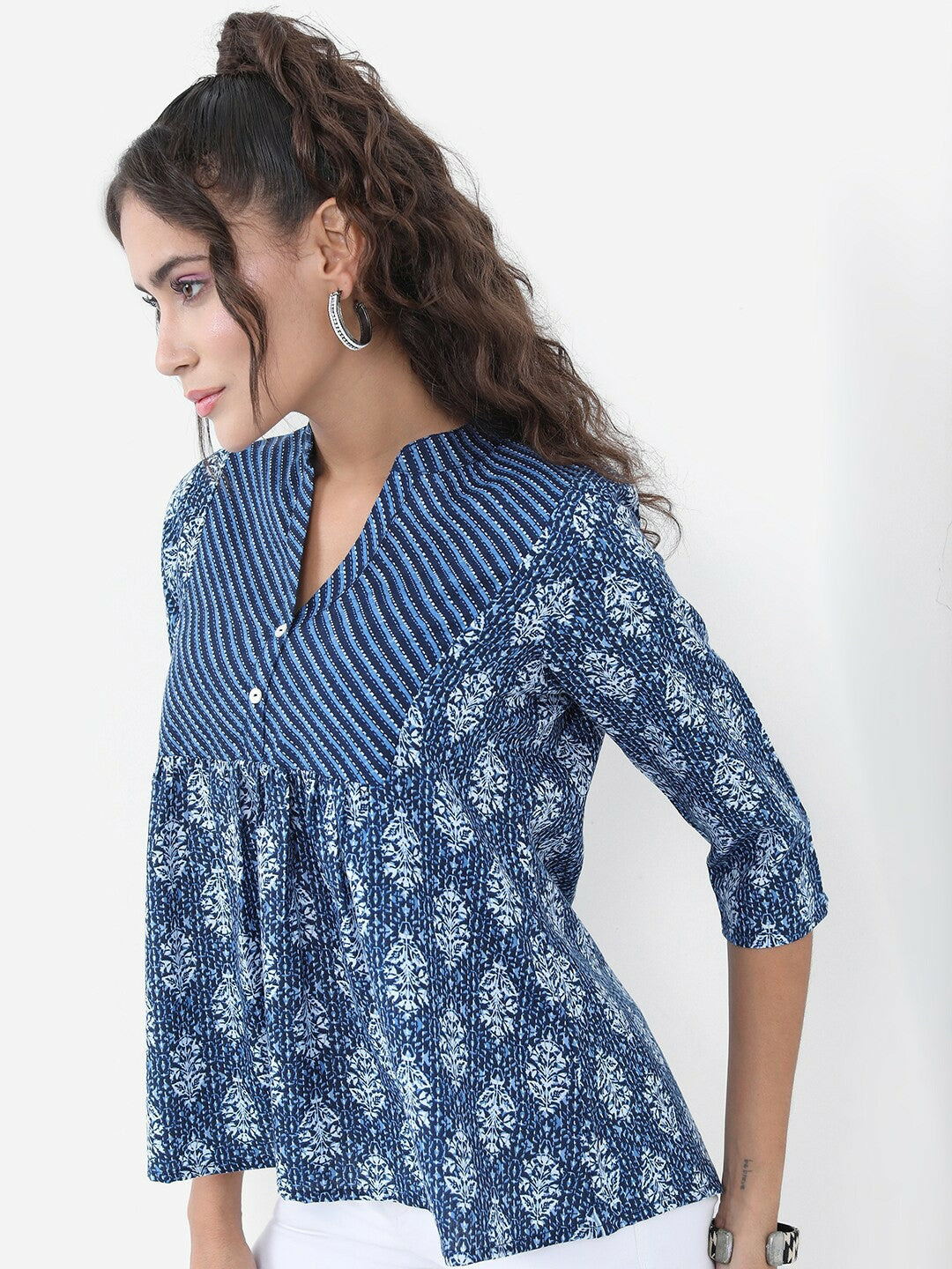 Blue Floral Printed A-Line Top for Women – Mandarin Collar, 3/4 Sleeves | Indiaista