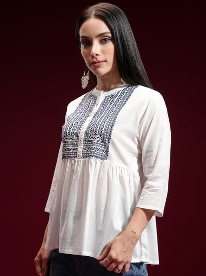 Off-White & Blue Geometric Printed Empire Top for Women – Mandarin Collar, Casual & Stylish | Indiaista