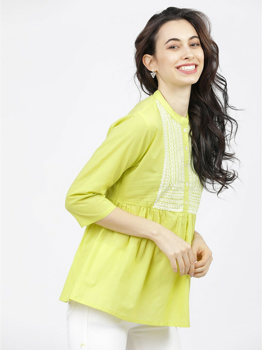 Lime Green & White Geometric Print Cinched Waist Top for Women – Pure Cotton, Mandarin Collar | Indiaista