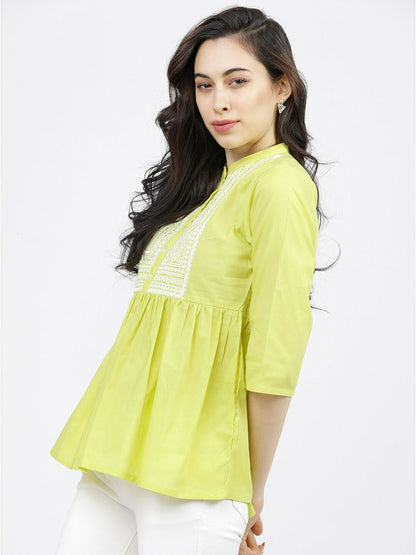 Lime Green & White Geometric Print Cinched Waist Top for Women – Pure Cotton, Mandarin Collar | Indiaista