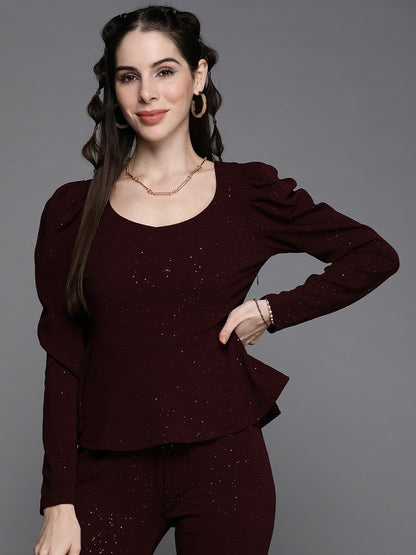 Women’s Burgundy Shimmer Peplum Top – Puff Sleeves, Round Neck, Party Wear | Indiaista