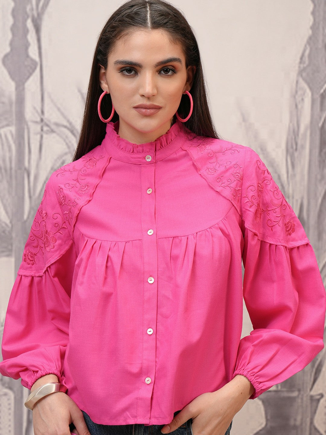 Magenta Shirt Style Top for Women – Mandarin Collar, Long Sleeves, Button-Down | Indiaista