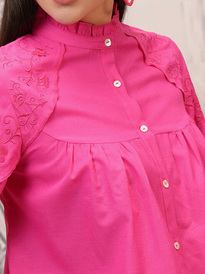 Magenta Shirt Style Top for Women – Mandarin Collar, Long Sleeves, Button-Down | Indiaista