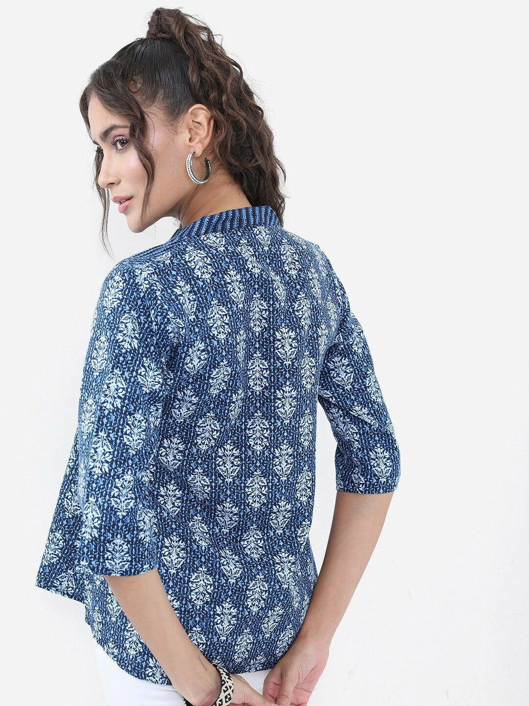 Blue Floral Printed A-Line Top for Women – Mandarin Collar, 3/4 Sleeves | Indiaista