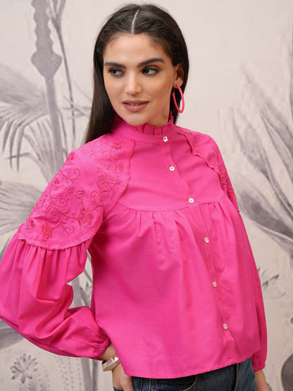 Magenta Shirt Style Top for Women – Mandarin Collar, Long Sleeves, Button-Down | Indiaista