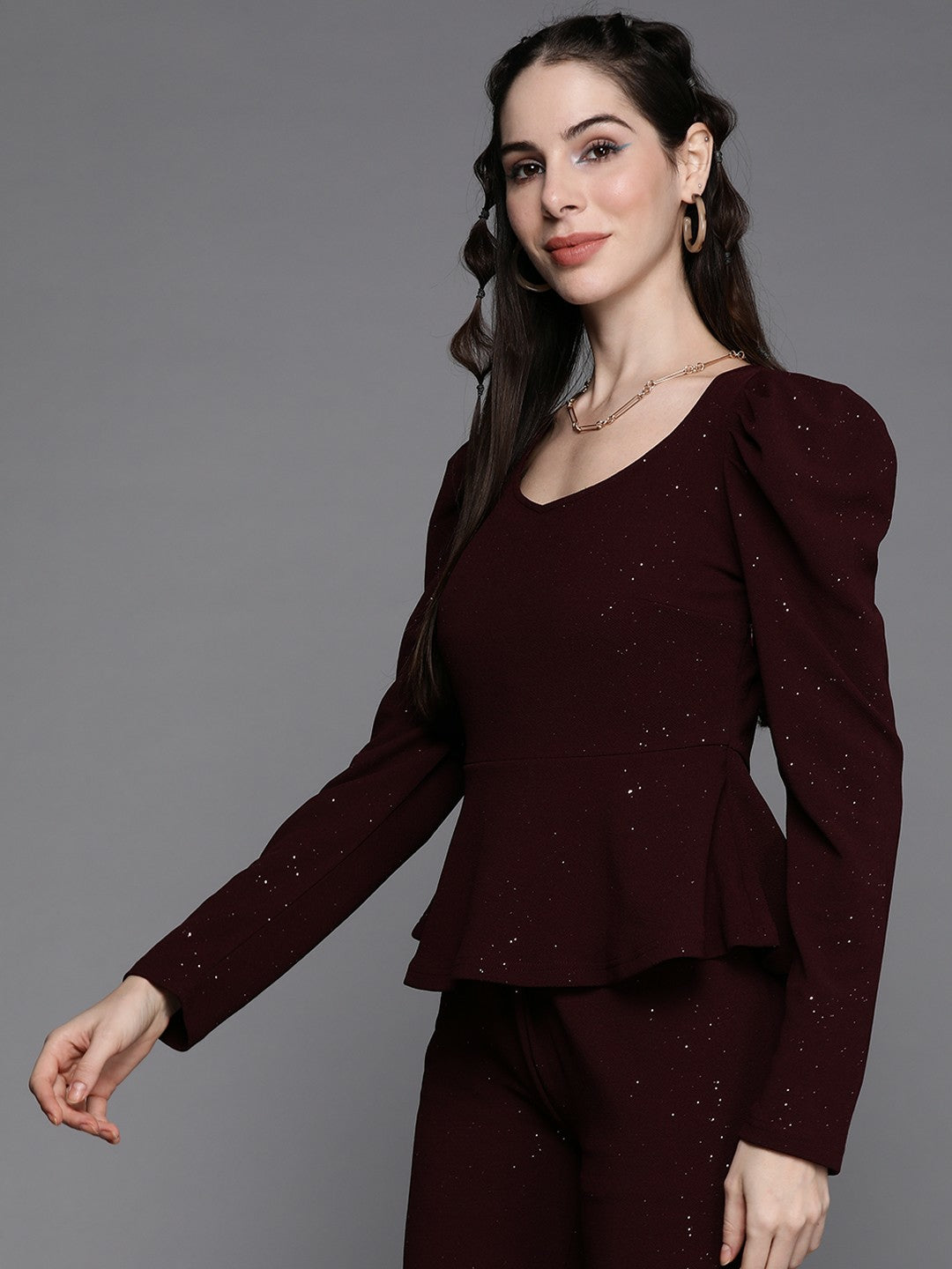 Women’s Burgundy Shimmer Peplum Top – Puff Sleeves, Round Neck, Party Wear | Indiaista