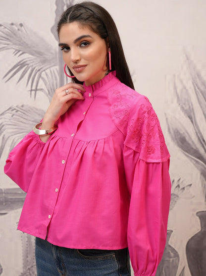 Magenta Shirt Style Top for Women – Mandarin Collar, Long Sleeves, Button-Down | Indiaista