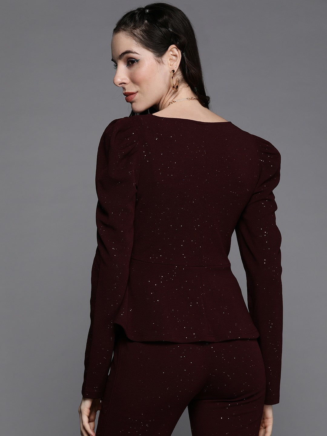 Women’s Burgundy Shimmer Peplum Top – Puff Sleeves, Round Neck, Party Wear | Indiaista