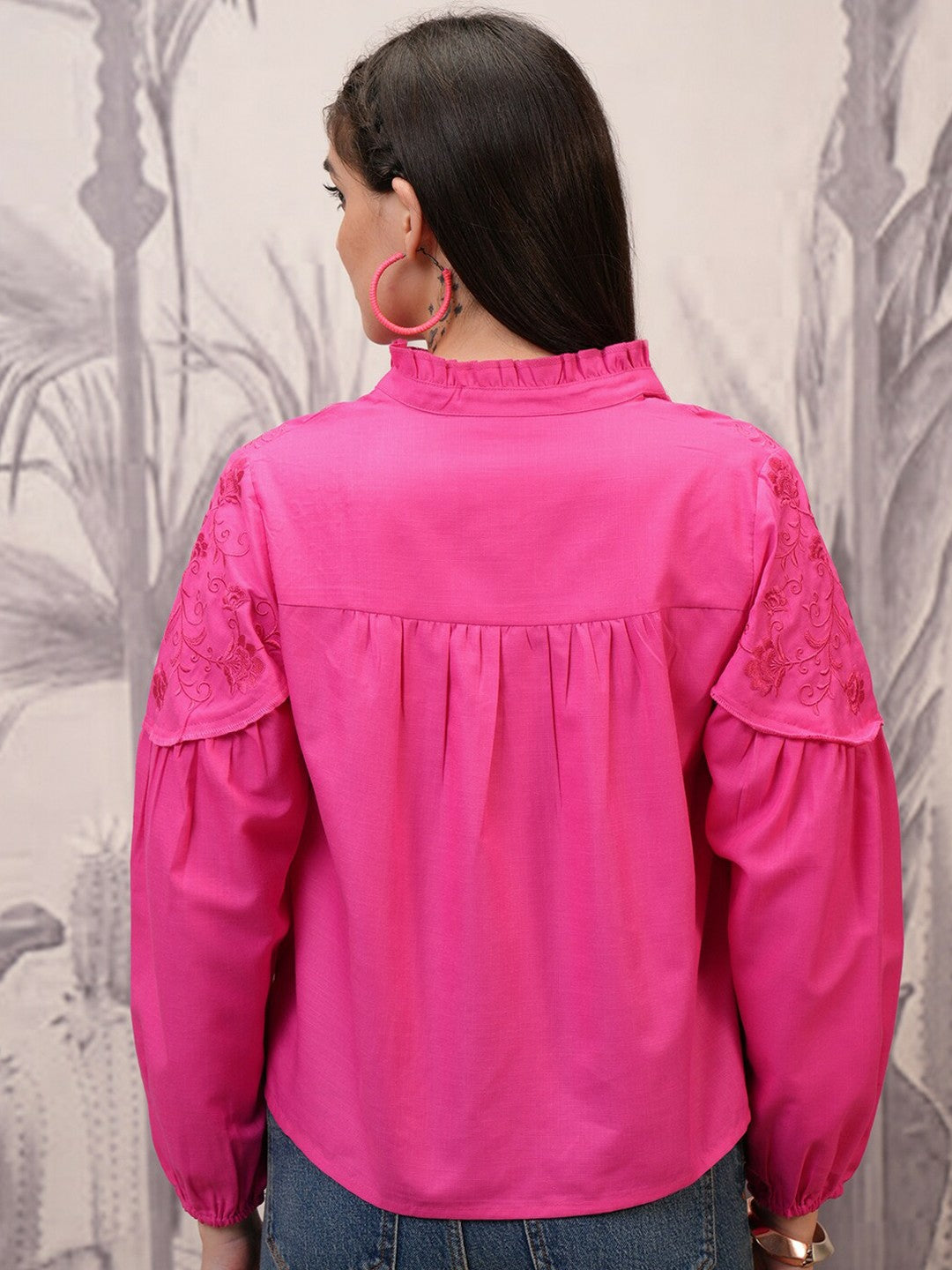 Magenta Shirt Style Top for Women – Mandarin Collar, Long Sleeves, Button-Down | Indiaista