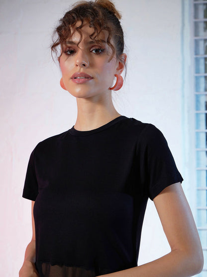 Women’s Black Semi-Sheer Longline A-Line Top – Round Neck, Short Sleeves | Indiaista