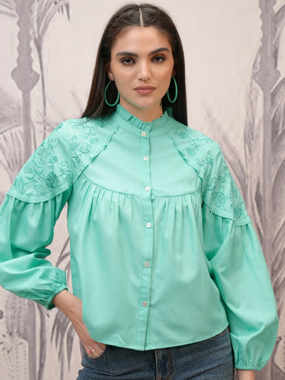 Turquoise Blue Mandarin Collar Puff Sleeve Shirt-Style Top for Women | Indiaista