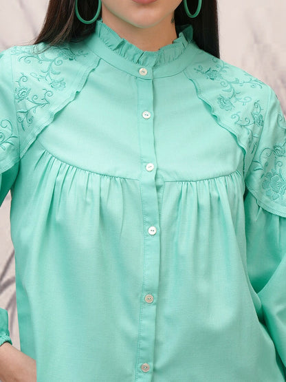 Turquoise Blue Mandarin Collar Puff Sleeve Shirt-Style Top for Women | Indiaista