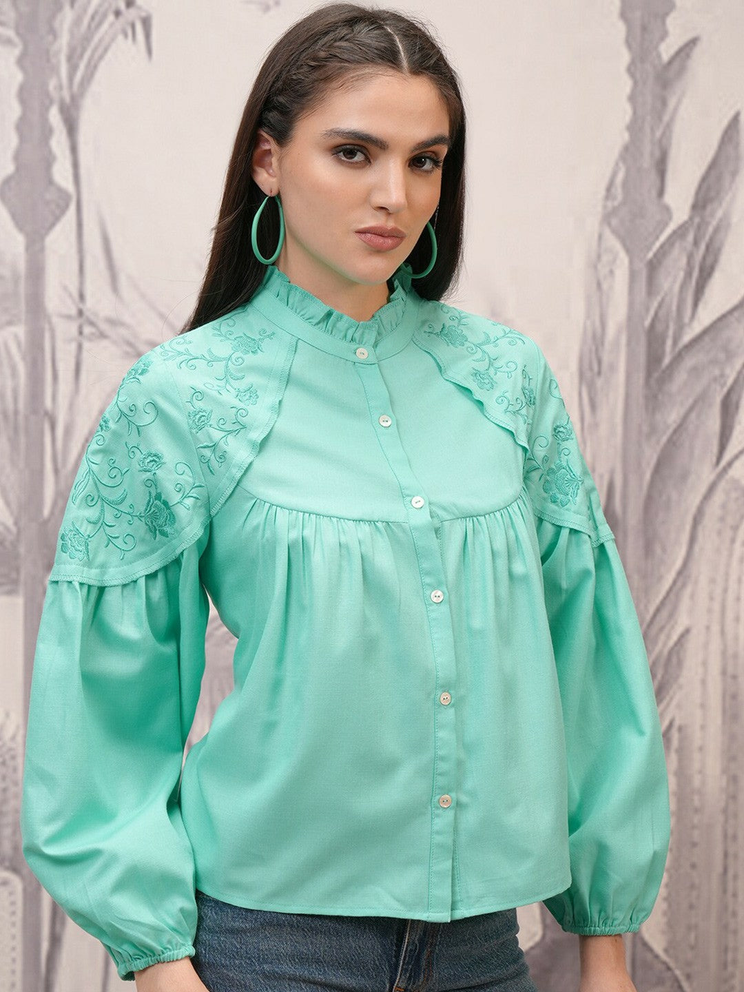 Turquoise Blue Mandarin Collar Puff Sleeve Shirt-Style Top for Women | Indiaista