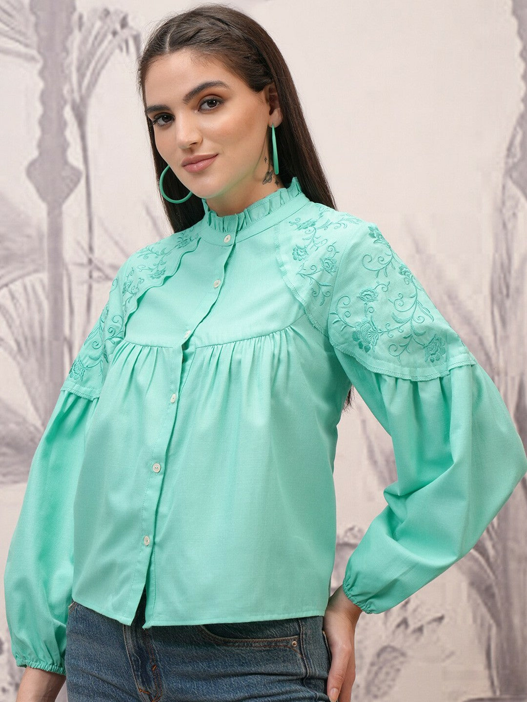 Turquoise Blue Mandarin Collar Puff Sleeve Shirt-Style Top for Women | Indiaista