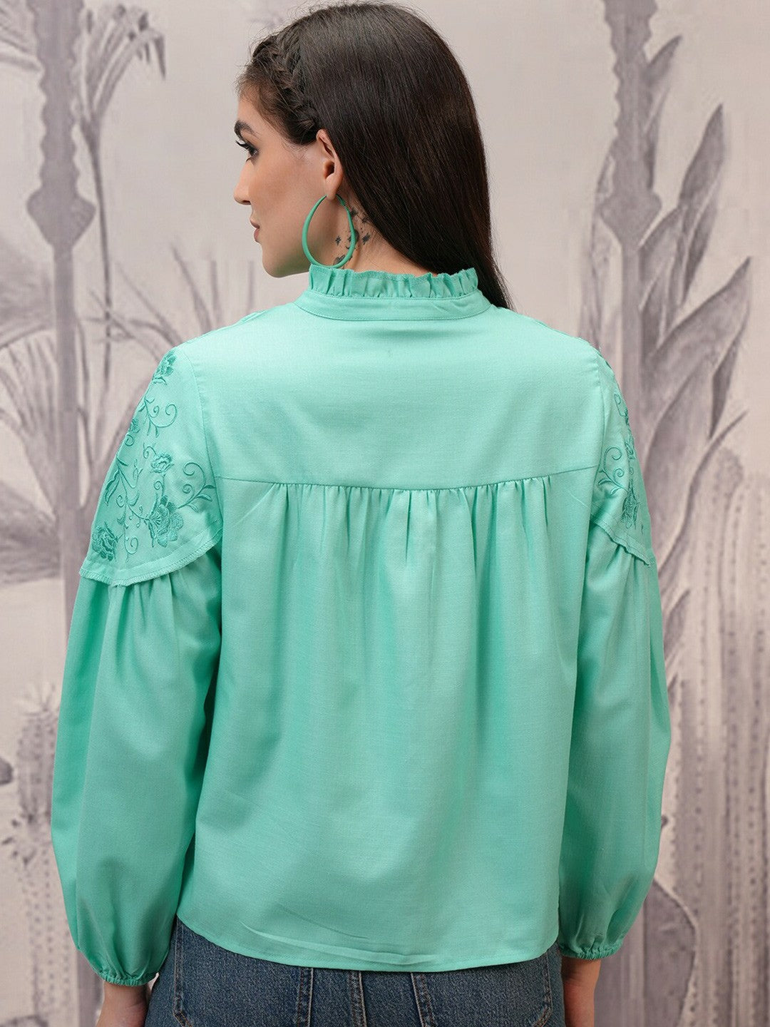 Turquoise Blue Mandarin Collar Puff Sleeve Shirt-Style Top for Women | Indiaista