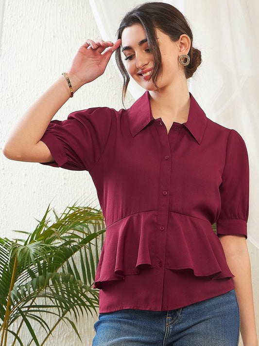 Women’s Maroon Puff Sleeve Shirt-Style Top – Georgette, Button Closure | Indiaista