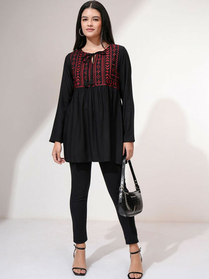 Black Embroidered A-Line Top for Women – Round Neck, Long Sleeves, Stylish & Comfortable | Indiaista