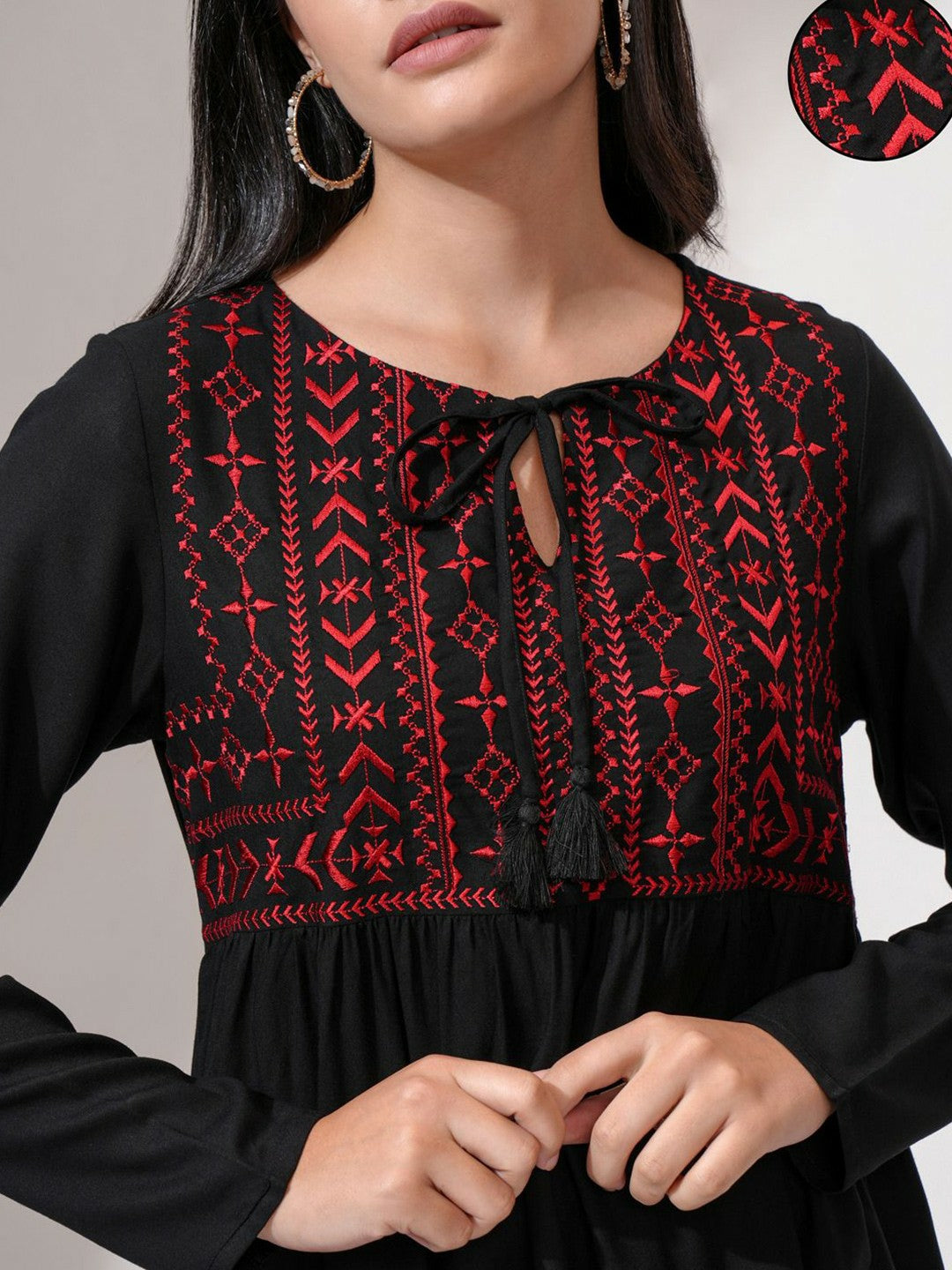 Black Embroidered A-Line Top for Women – Round Neck, Long Sleeves, Stylish & Comfortable | Indiaista