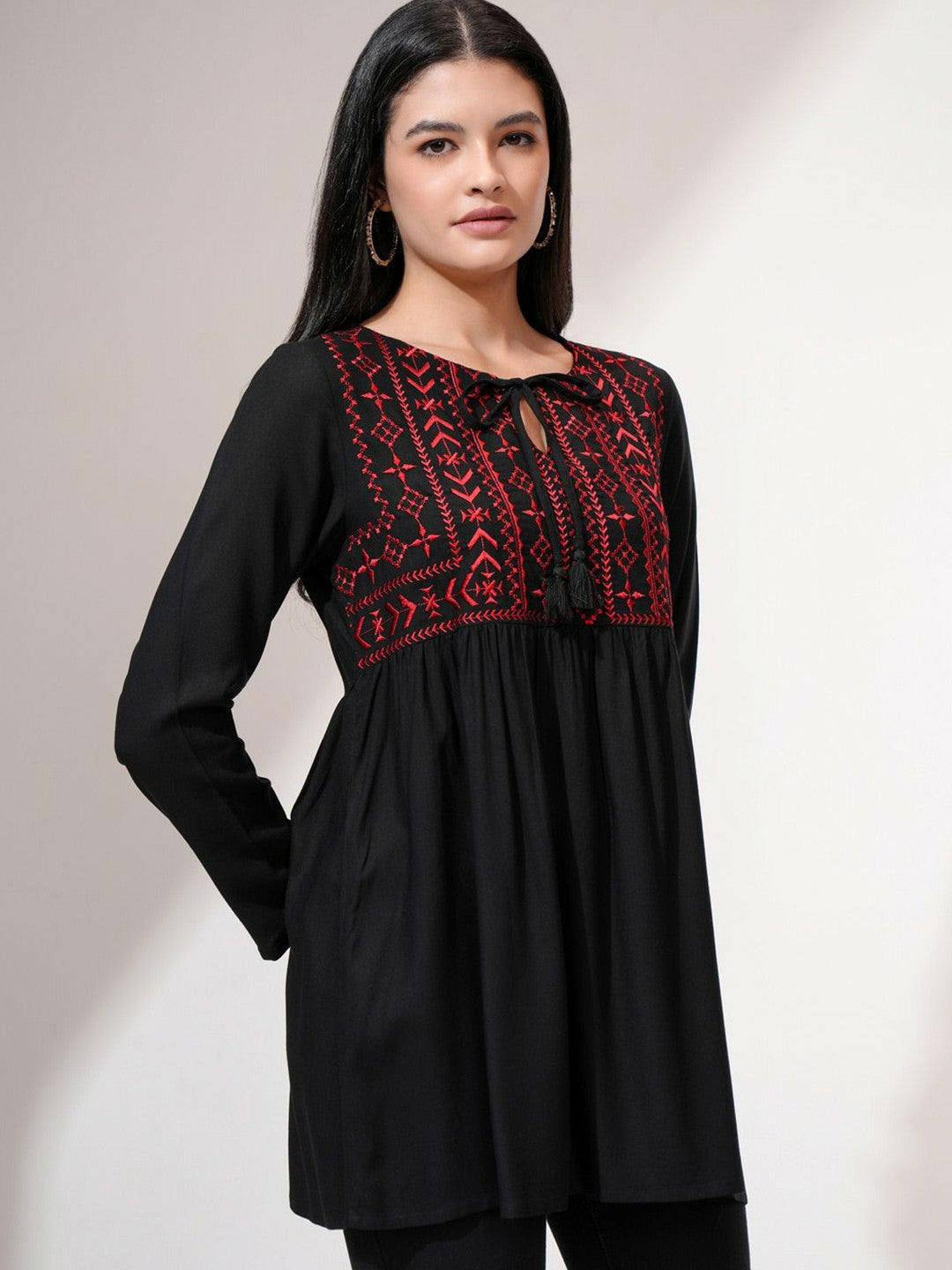 Black Embroidered A-Line Top for Women – Round Neck, Long Sleeves, Stylish & Comfortable | Indiaista