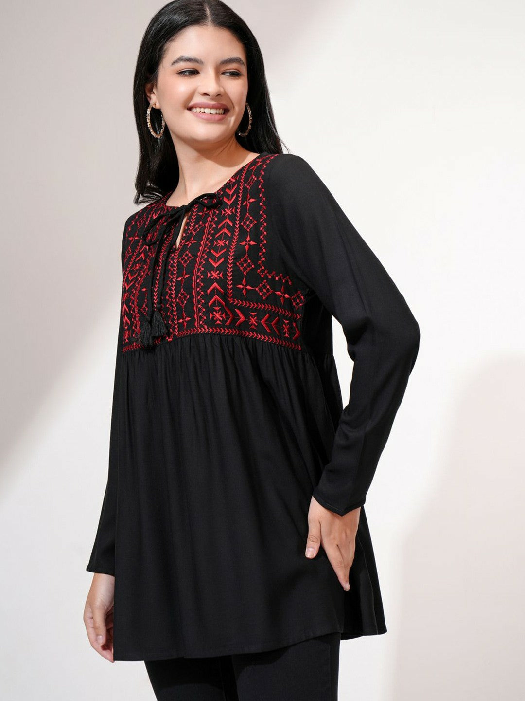 Black Embroidered A-Line Top for Women – Round Neck, Long Sleeves, Stylish & Comfortable | Indiaista