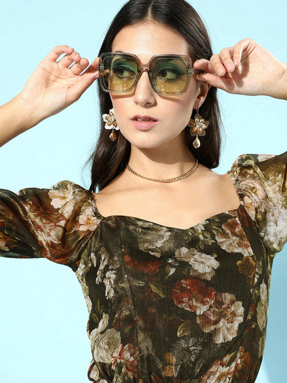 Women’s Green Floral Printed Top – Short Sleeves, Trendy & Stylish | Indiaista