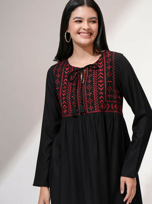 Black Embroidered A-Line Top for Women – Round Neck, Long Sleeves, Stylish & Comfortable | Indiaista