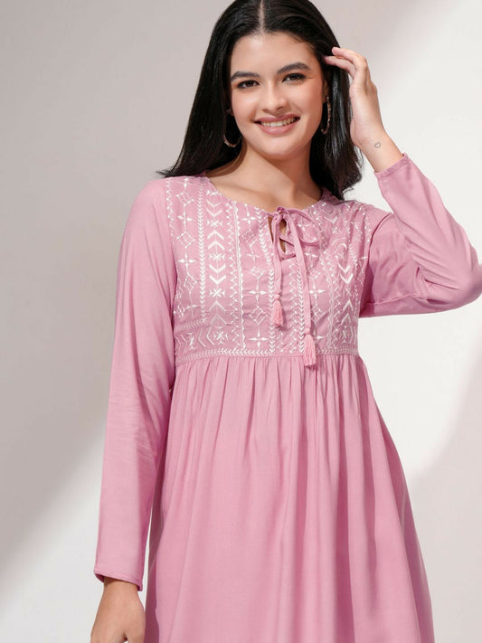 Pink Embroidered A-Line Top for Women – Round Neck, Long Sleeves, Stylish Casual Wear | Indiaista