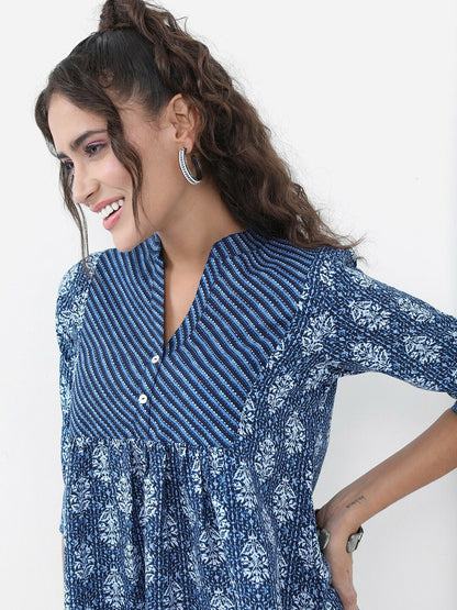 Blue Floral Printed A-Line Top for Women – Mandarin Collar, 3/4 Sleeves | Indiaista