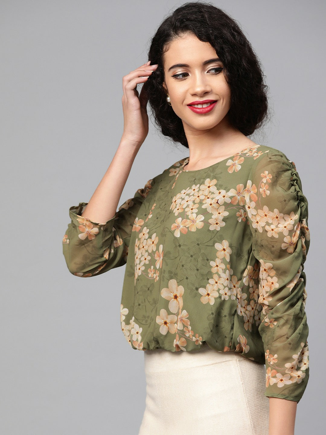 Women’s Olive Green & Beige Floral Blouson Top – Georgette, Puff Sleeves, Round Neck | Indiaista