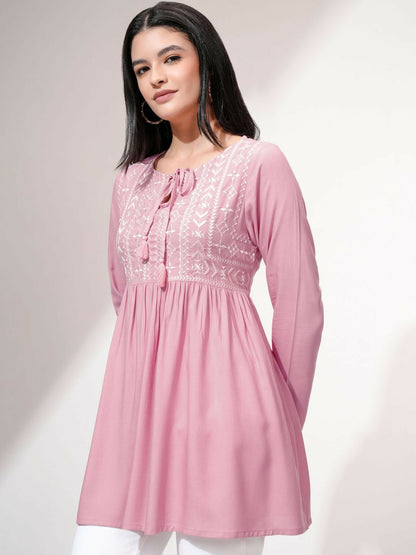 Pink Embroidered A-Line Top for Women – Round Neck, Long Sleeves, Stylish Casual Wear | Indiaista