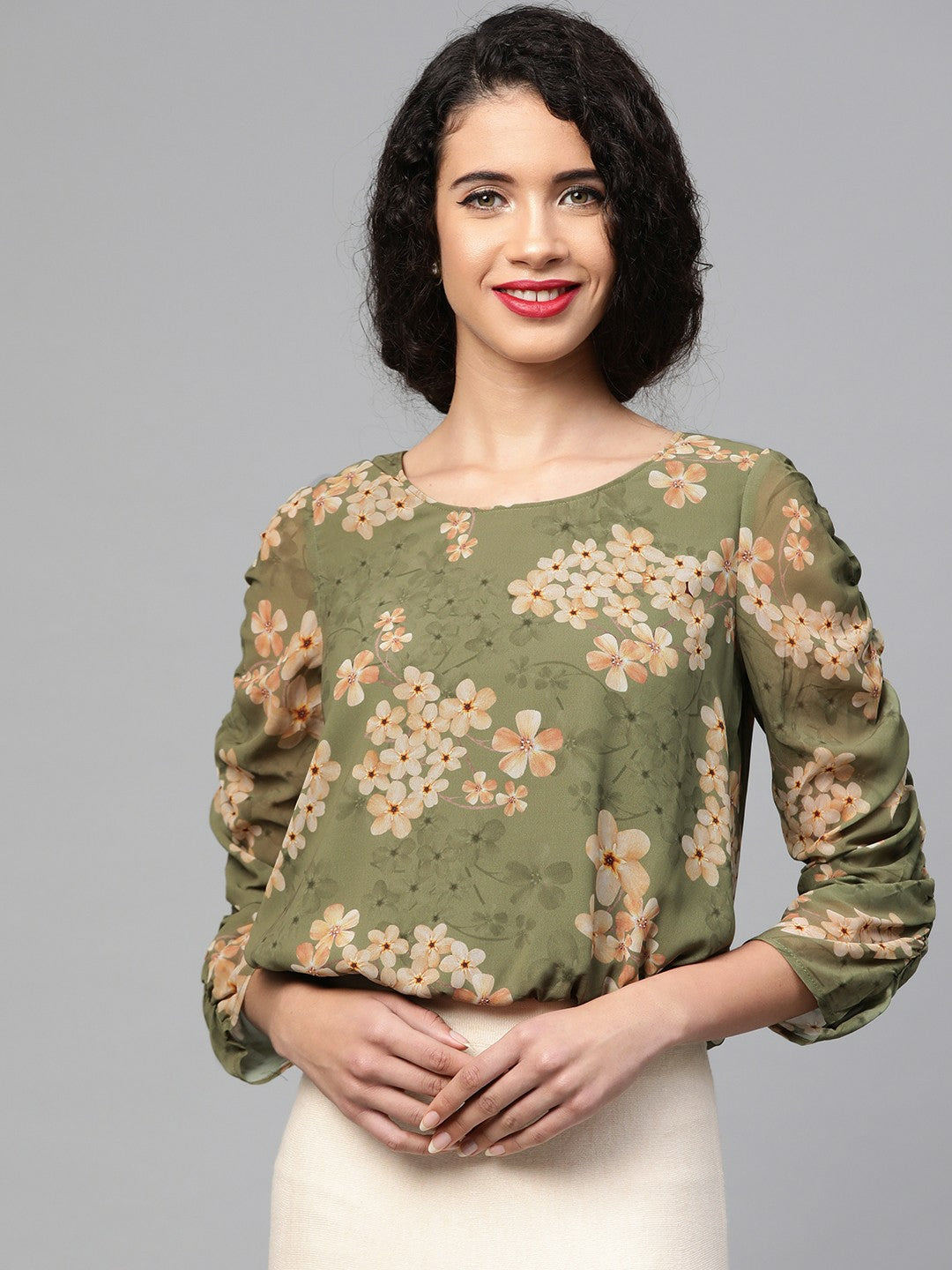 Women’s Olive Green & Beige Floral Blouson Top – Georgette, Puff Sleeves, Round Neck | Indiaista