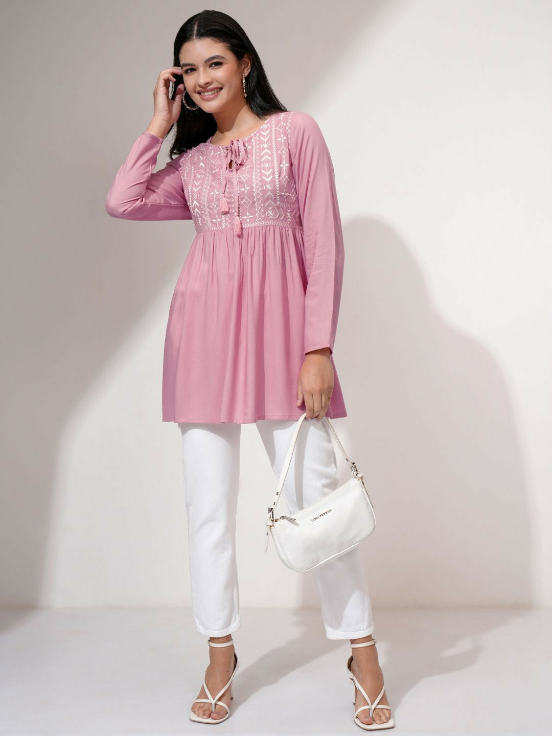 Pink Embroidered A-Line Top for Women – Round Neck, Long Sleeves, Stylish Casual Wear | Indiaista