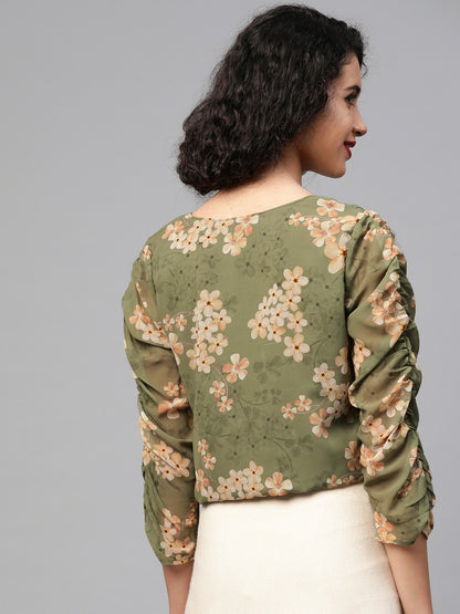 Women’s Olive Green & Beige Floral Blouson Top – Georgette, Puff Sleeves, Round Neck | Indiaista