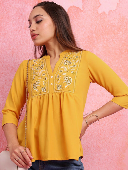 Yellow & White Floral Embroidered Peplum Top for Women – Round Neck, 3/4 Sleeves | Indiaista