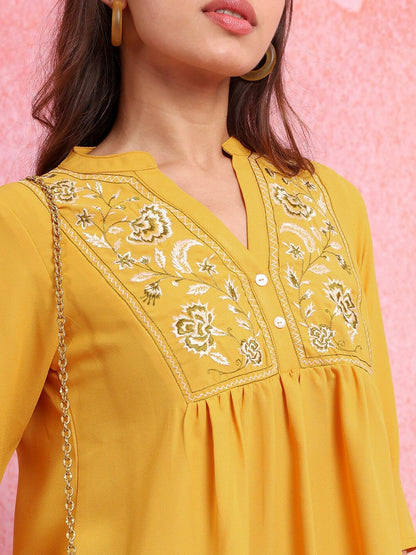 Yellow & White Floral Embroidered Peplum Top for Women – Round Neck, 3/4 Sleeves | Indiaista