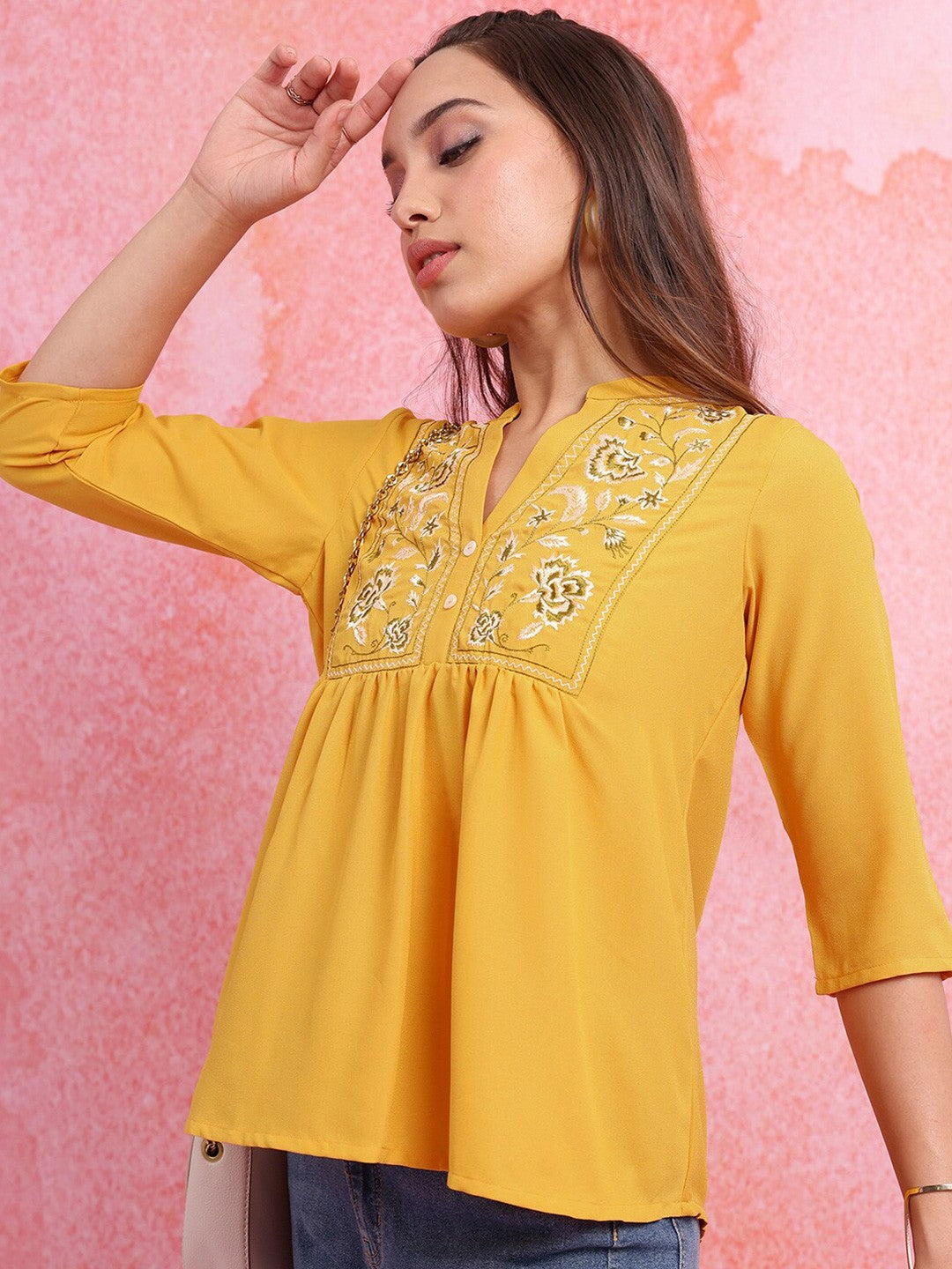 Yellow & White Floral Embroidered Peplum Top for Women – Round Neck, 3/4 Sleeves | Indiaista