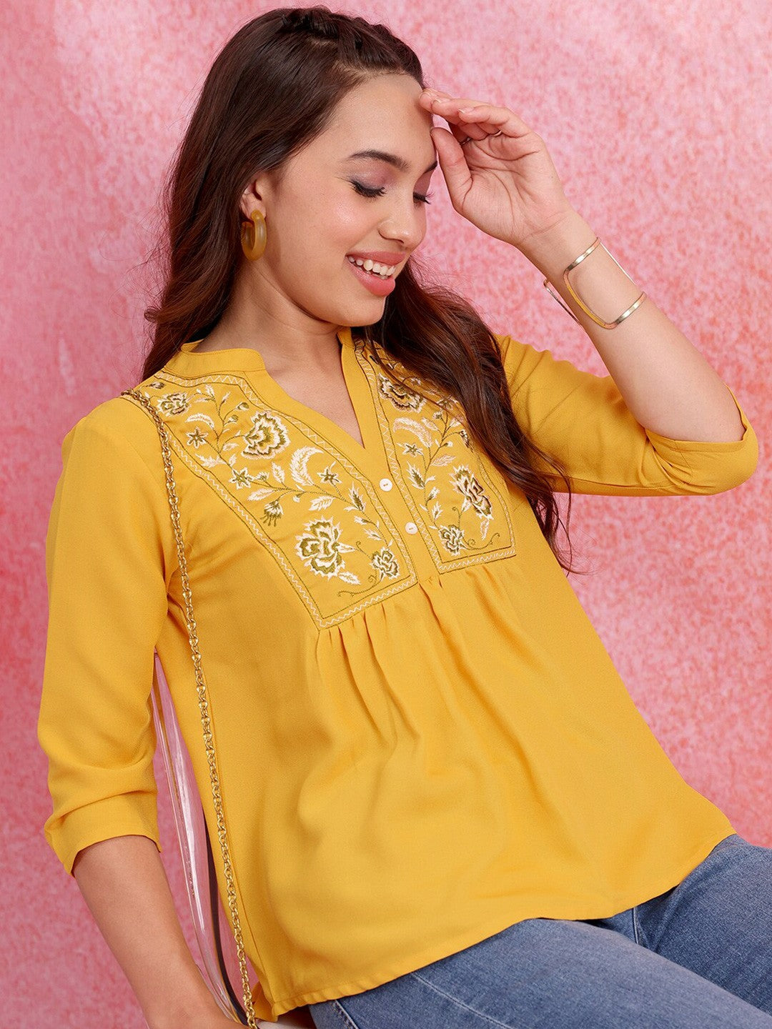 Yellow & White Floral Embroidered Peplum Top for Women – Round Neck, 3/4 Sleeves | Indiaista