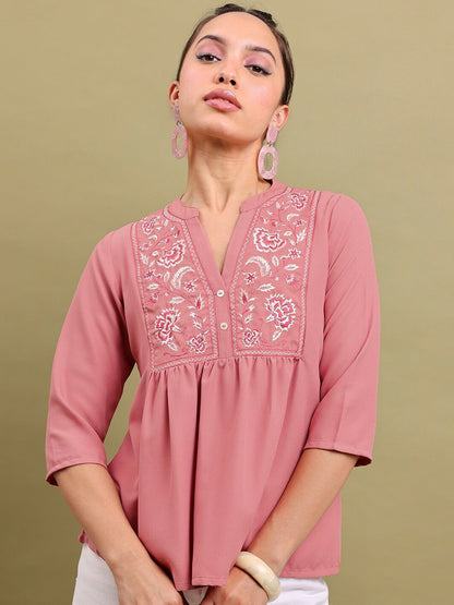 Pink & White Floral Embroidered Top for Women – Mandarin Collar, 3/4 Sleeves | Indiaista