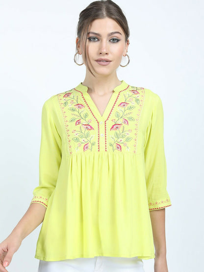 Yellow Floral Embroidered Top for Women – Mandarin Collar, 3/4 Sleeves, Pleated Design | Indiaista