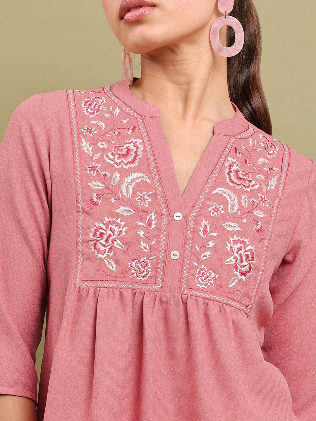 Pink & White Floral Embroidered Top for Women – Mandarin Collar, 3/4 Sleeves | Indiaista