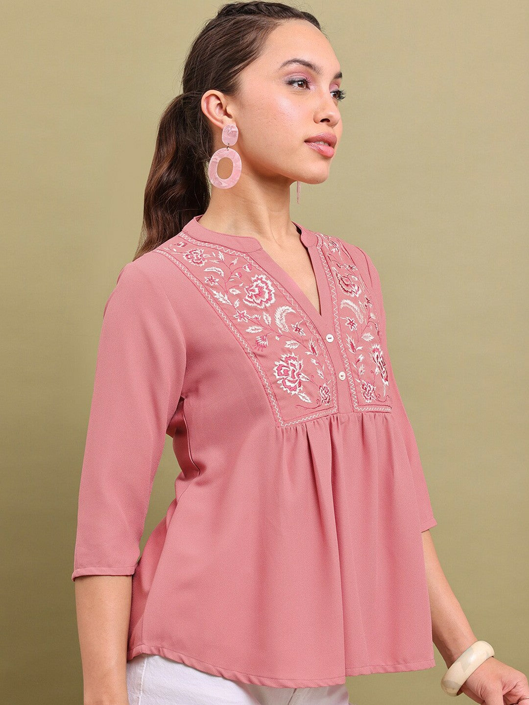 Pink & White Floral Embroidered Top for Women – Mandarin Collar, 3/4 Sleeves | Indiaista