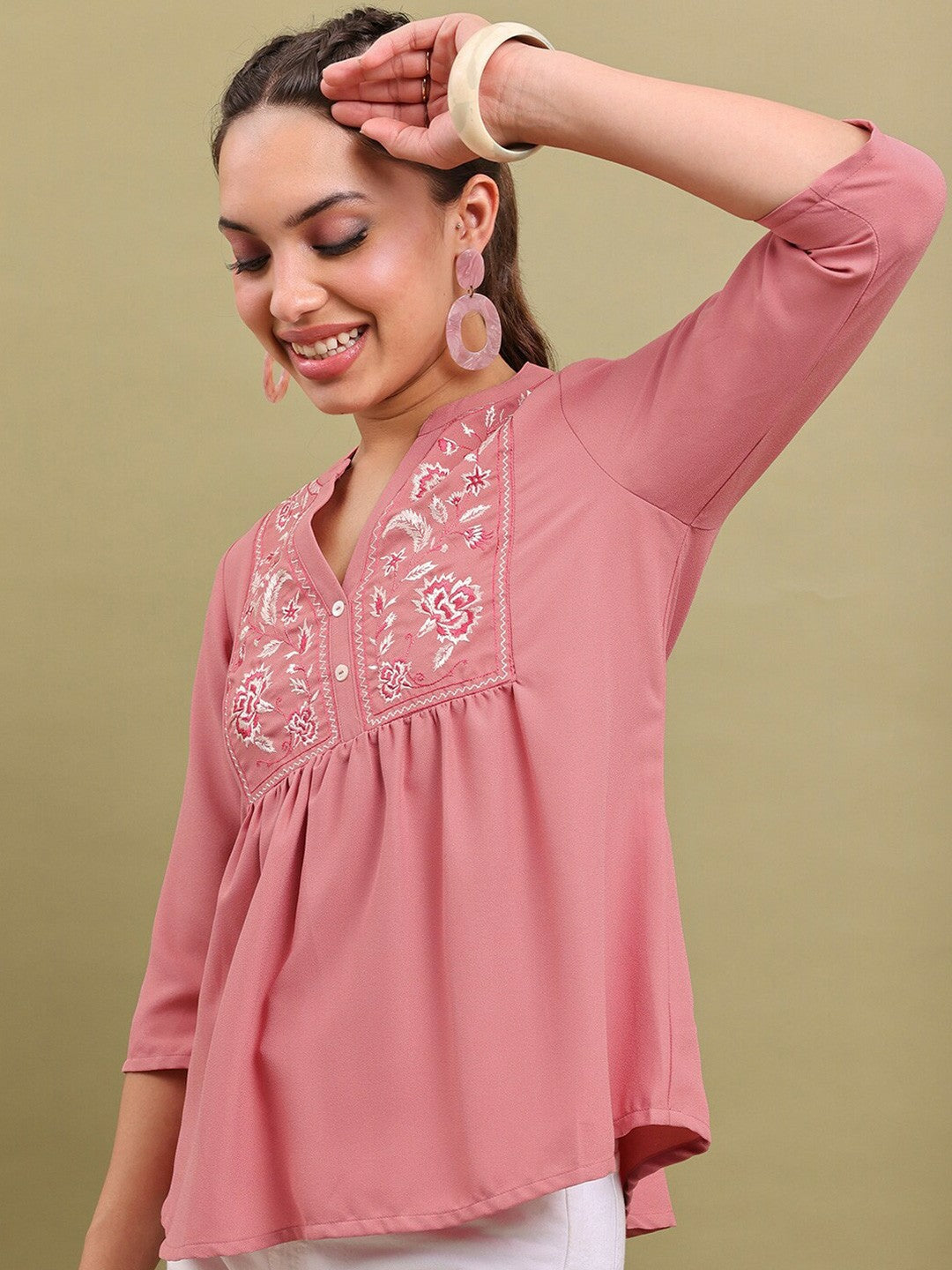 Pink & White Floral Embroidered Top for Women – Mandarin Collar, 3/4 Sleeves | Indiaista