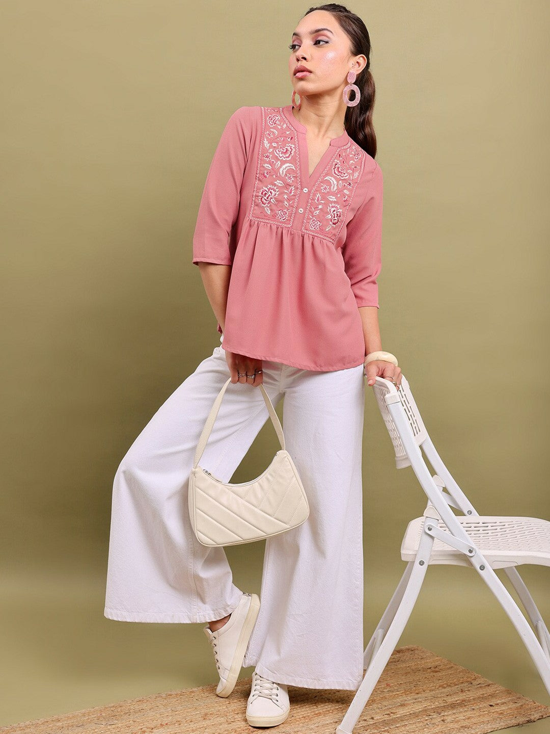 Pink & White Floral Embroidered Top for Women – Mandarin Collar, 3/4 Sleeves | Indiaista