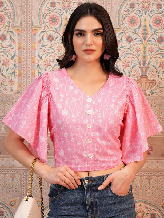 Pink Floral Printed Crop Top for Women – V-Neck, Flared Sleeves, Button Closure | Indiaista