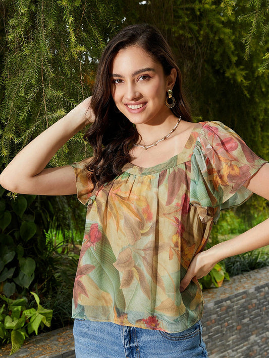 Women’s Green & Beige Tropical Print Top – Square Neck, Short Sleeves, Chiffon | Indiaista