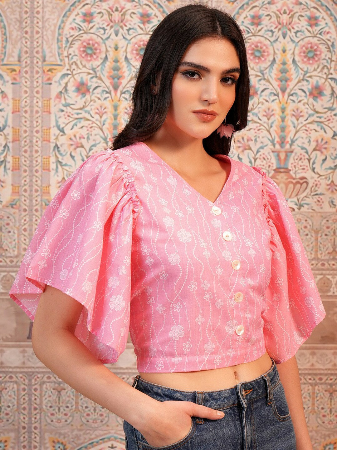 Pink Floral Printed Crop Top for Women – V-Neck, Flared Sleeves, Button Closure | Indiaista