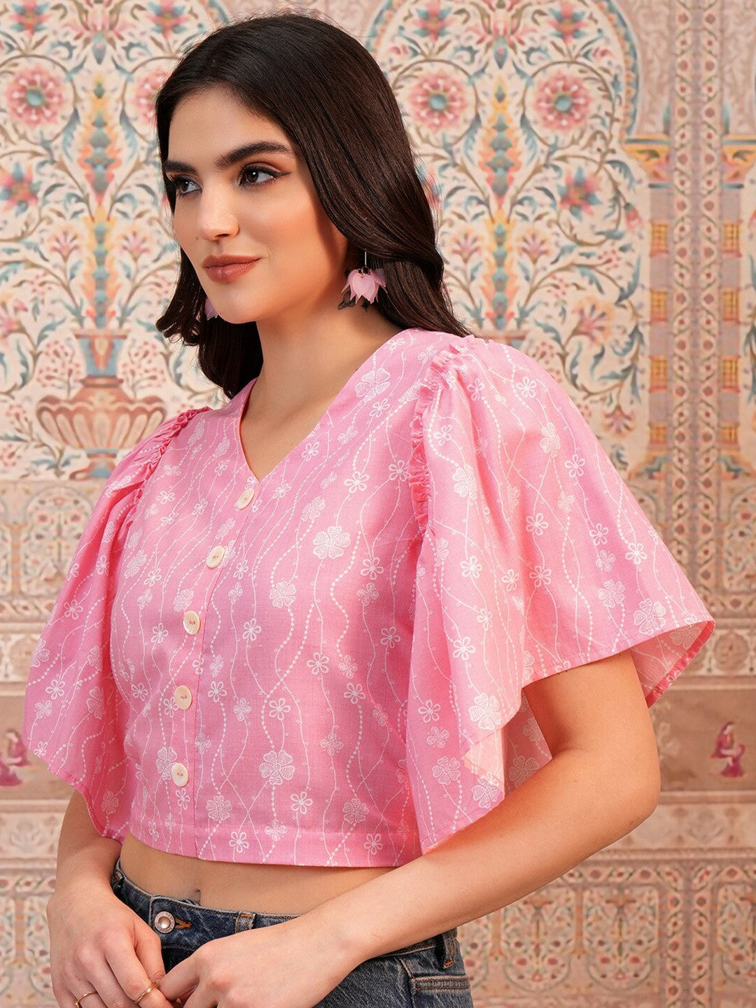 Pink Floral Printed Crop Top for Women – V-Neck, Flared Sleeves, Button Closure | Indiaista