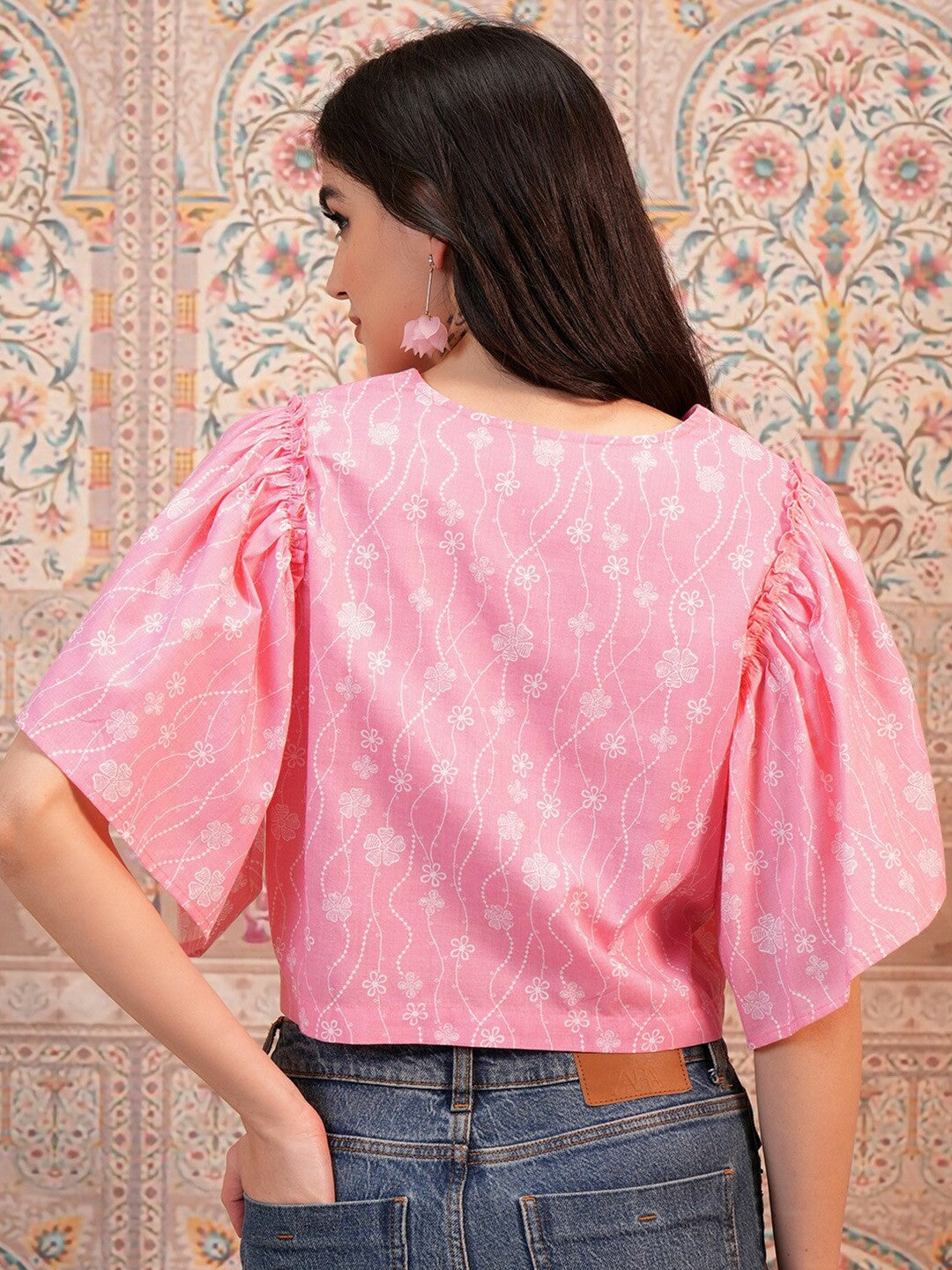 Pink Floral Printed Crop Top for Women – V-Neck, Flared Sleeves, Button Closure | Indiaista